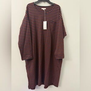 ENGINEERED GARMENTS NY Size 2 L Striped T-Shirt Dress Rust Navy mid Sleeve B781